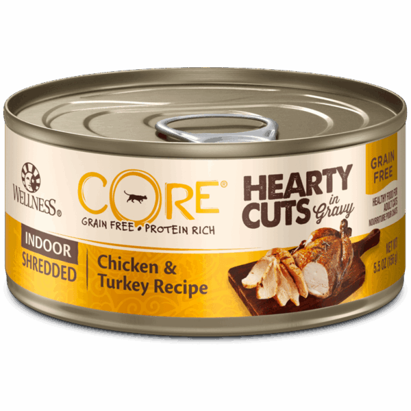 Wellness CORE Grain Free Hearty Cuts Indoor Shredded Chicken & Turkey Canned Food for Adult Cats